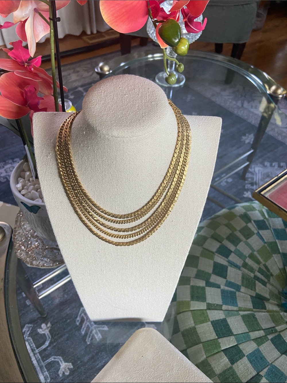 Signed Vintage Monet 5-Row Gold Plated Flat Link Chain Necklace with Tulip End C